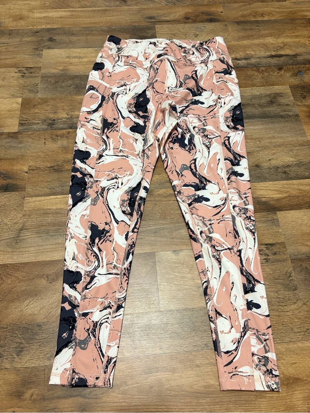 Live Well Active Marble Print Leggings Large Pink Black Cream Pocket Workout